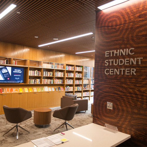 Ethnic Student Center lettering on wall looking at bookshelf