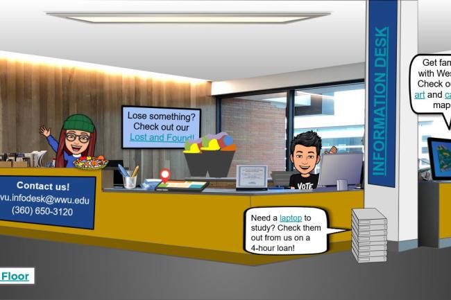 Cartoon version of the 6th floor information desk at the VU with various links and information